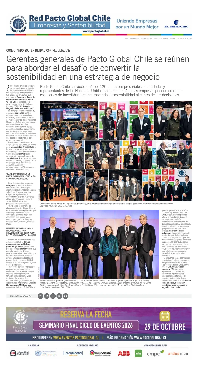 P&aacute;gina de El Mercurio sobre el Encuentro Anual de Gerentes Generales de Pacto Global Chile